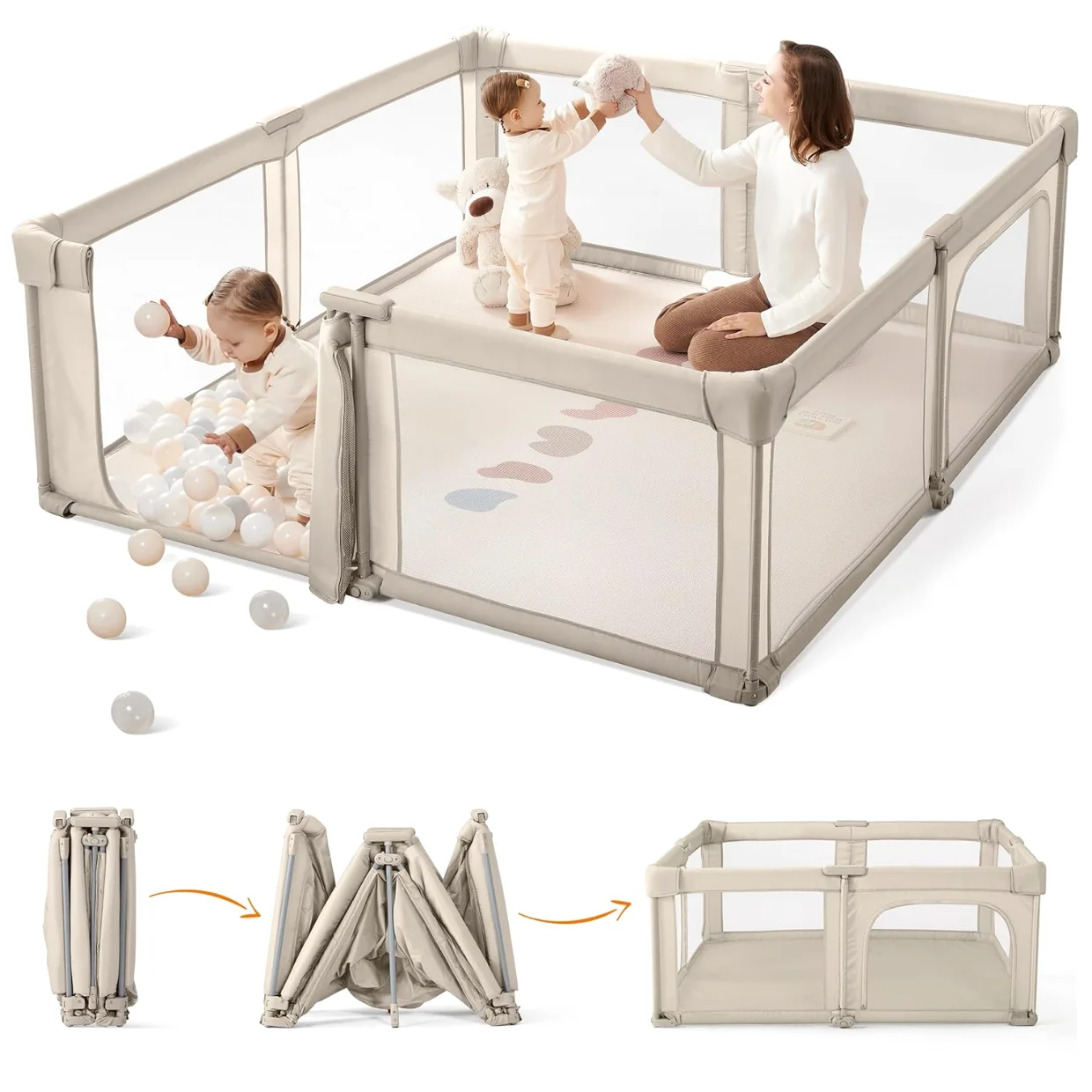 Sweeby Fold-Flat Playpen 59 x 59 in in Light Khaki