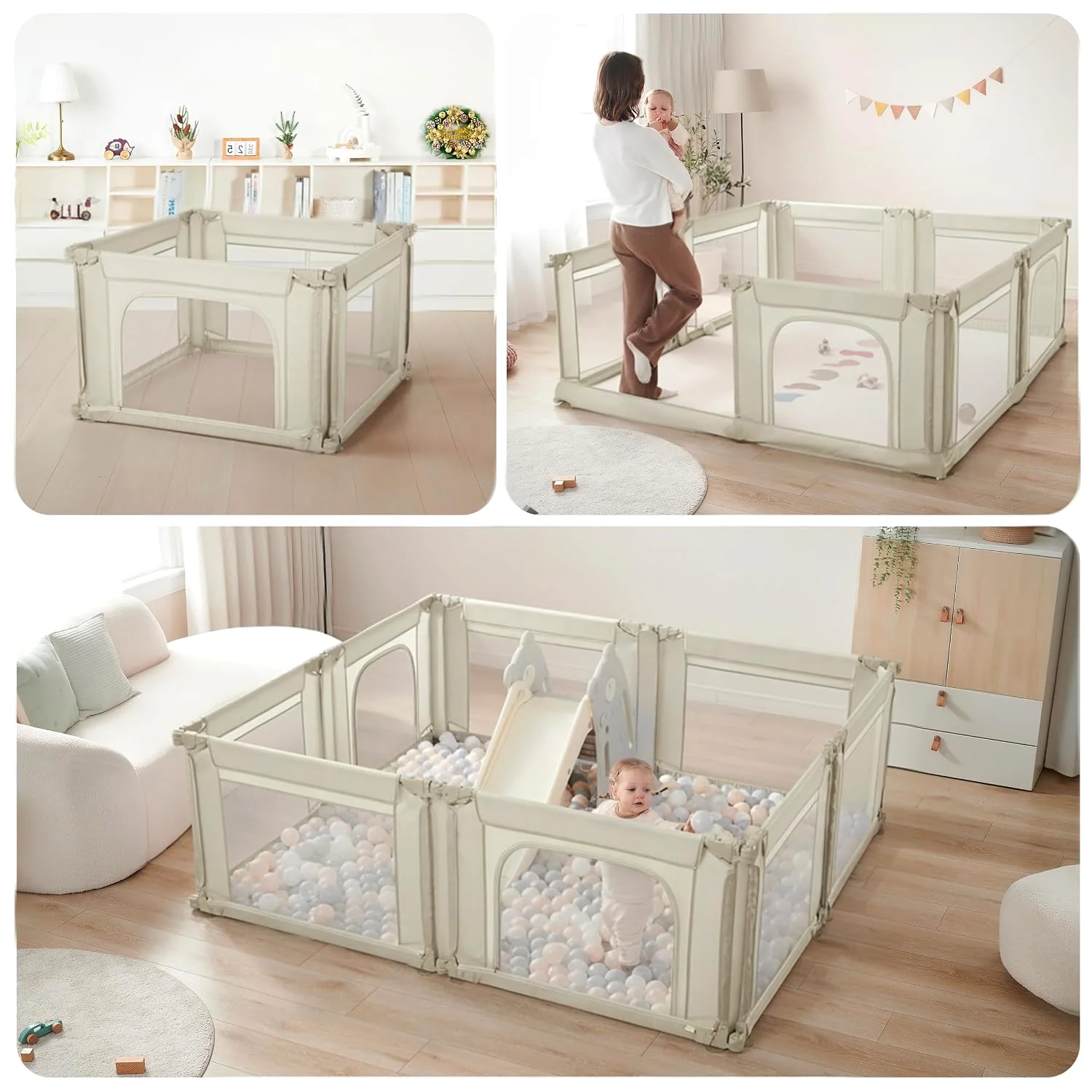 Panels that click together let the same playpen fit a rectangle, a square or the corner behind a sofa.